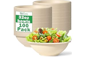 BIONUTRIO 32oz Bowls Disposable Heavy Duty, Compostable Paper Bowls, Large Disposable Bowls 100 Pack, Deep Paper Soup Bowls For Hot And Cold Food, Biodegradable Bowls Made of Sugarcane for Salad Cereal Snacks