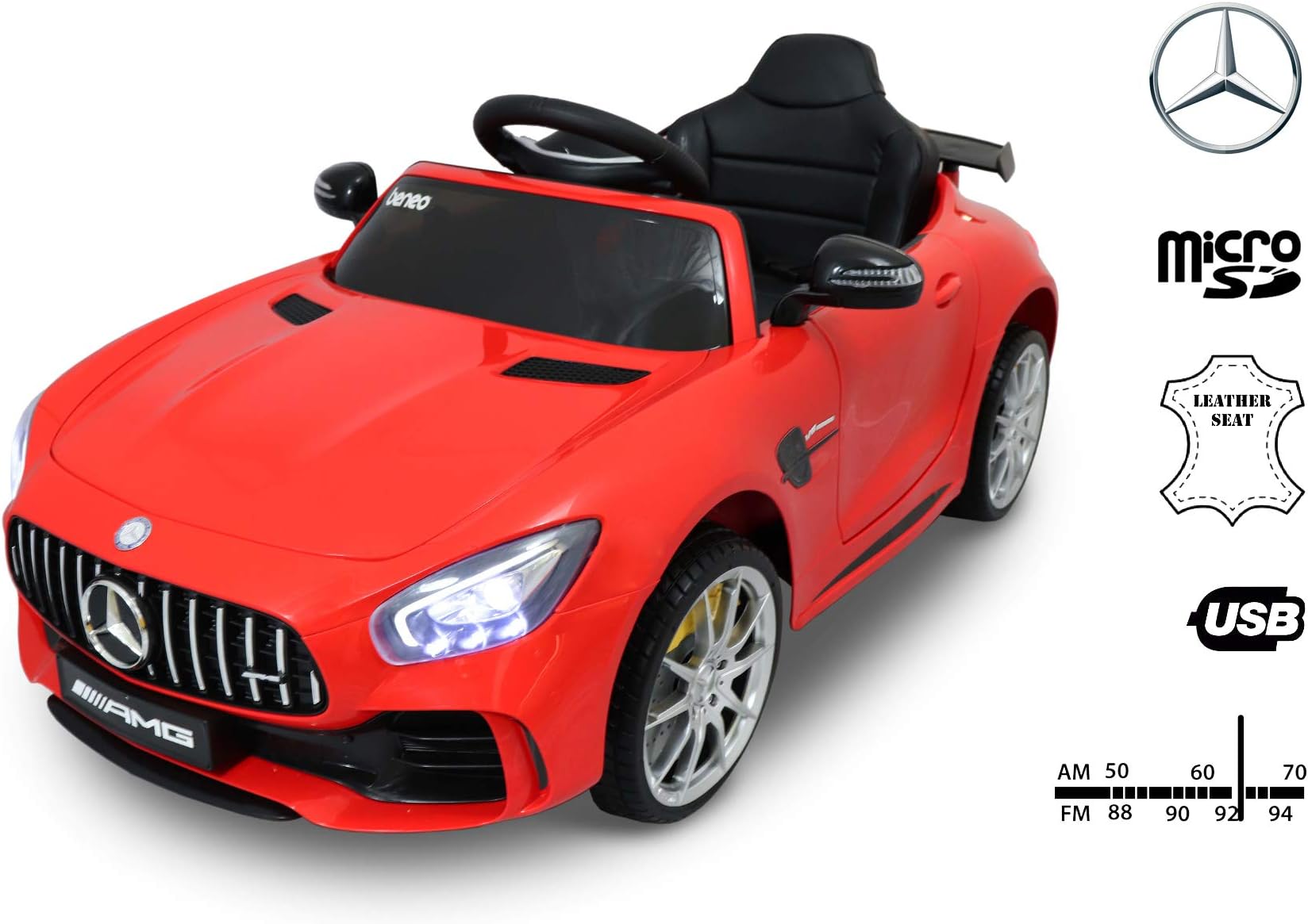 Electric Ride on Car Mercedes-Benz GTR, Red, Original Licenced, Battery Powered, Opening Doors, Leather Seat, 2x Engine, 12 V Battery, 2.4 Ghz remote control, Soft EVA wheels, Smooth start
