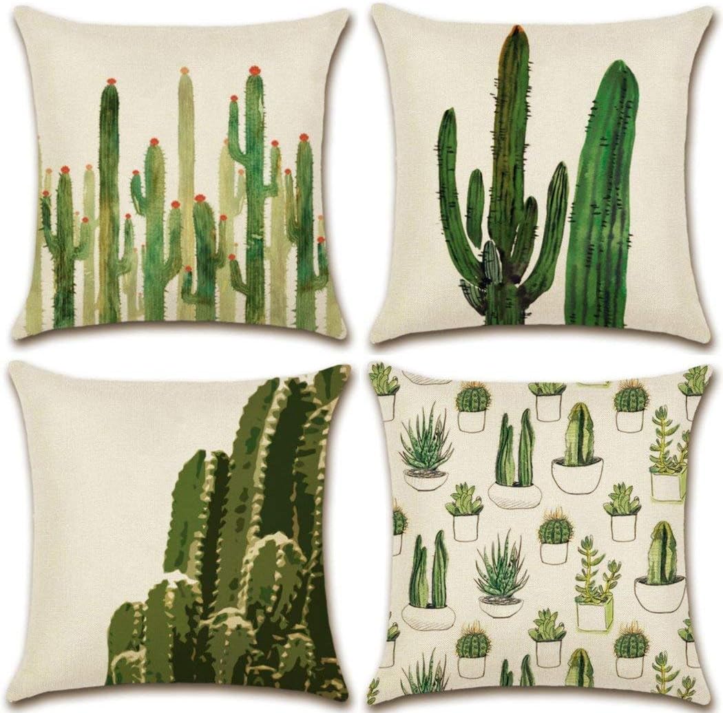 Hixixi 4-Pack Cactus Cushion Cover Throw Pillow Case Cotton Linen Pillowcases Room Decorative 18 x 18 Inches