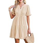 Naggoo Women's Summer Dresses Casual V Neck Short Sleeve A Line Tiered Ruffle Swing Mini Beach Dress with Pockets