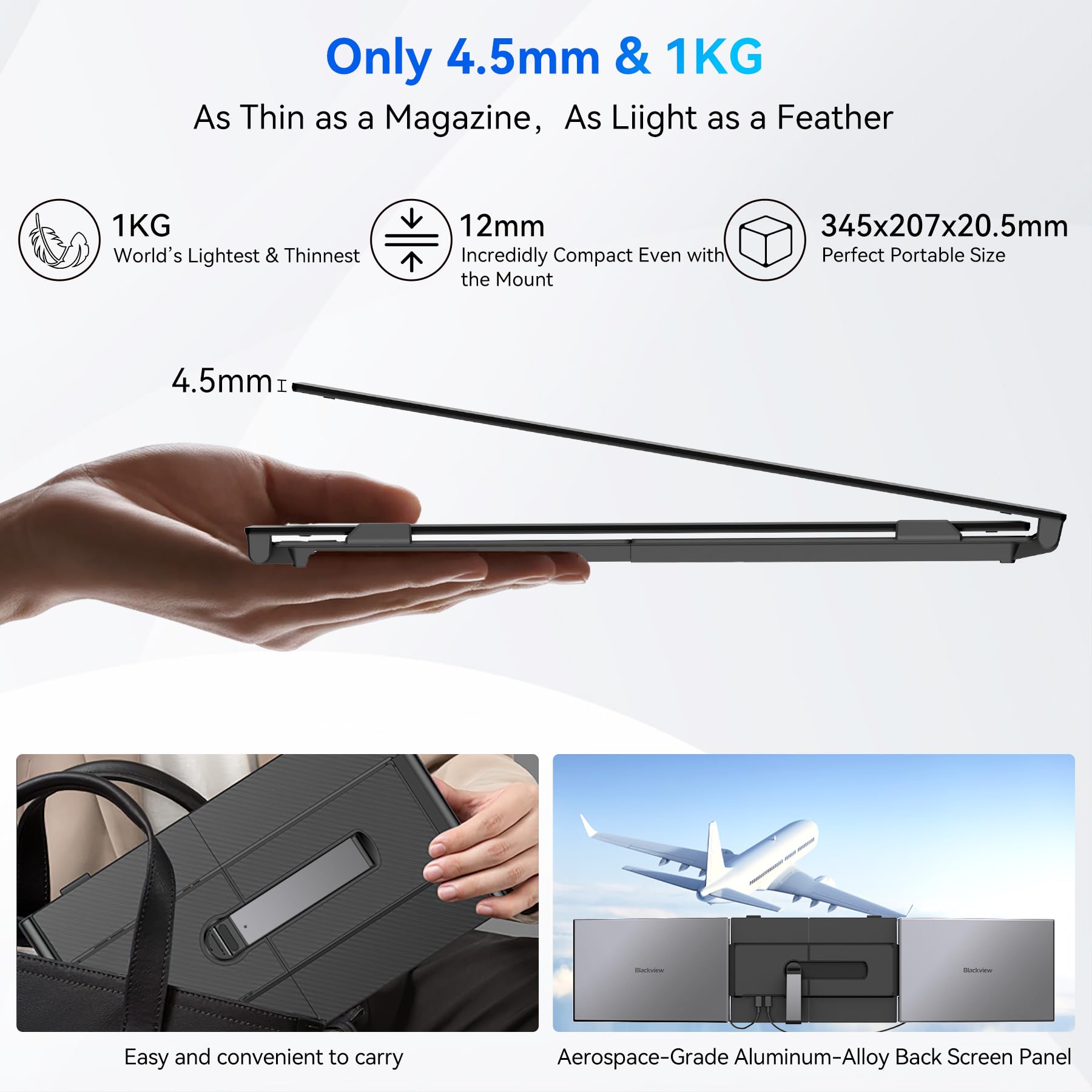 Blackview DCM6 Laptop Bildschirm Erweiterung 14" Ultradünn 4,5mm 0.9KG, 1080P FHD Triple Screen Laptop Monitor für Laptop 13"-17,3", HDMI/USB-A/USB C TÜV SÜD Portable Monitor für PC/Mac/PS3/4/5/Xbox 2