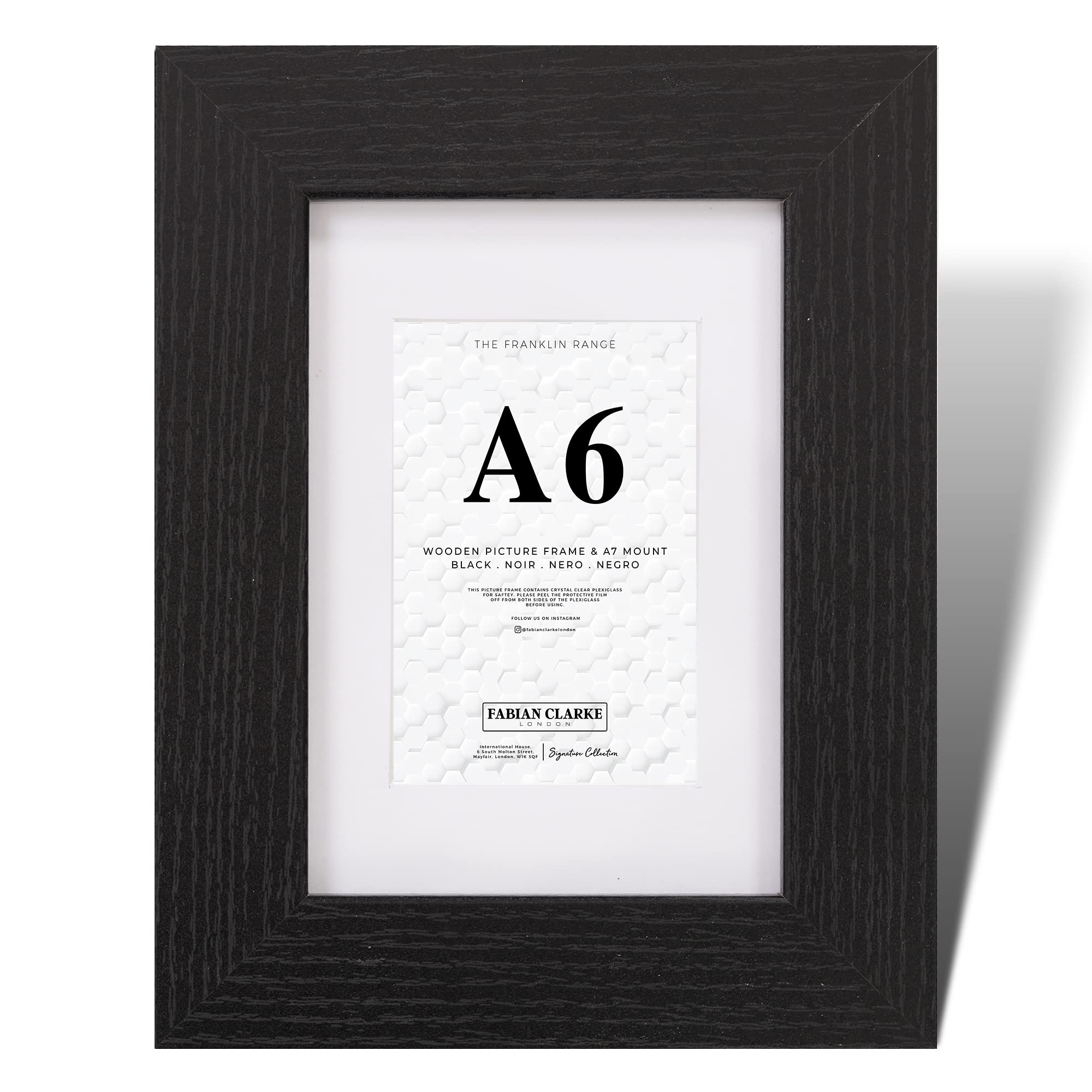 Fabian Clarke London® A6 Modern Black Wooden Picture Photo Frame with White A7 Mount Includes Glass Front Hang Portrait or Landscape