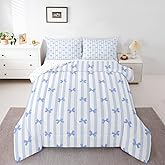 Erosebridal Bow Tie Full Comforter Set for Kids Blue White Striped Bedding Sets Cute Aesthetic Bowknot Quilt for Girls Teens Women Bedroom Cartoon Bows Stripes Bedding Comforter Sets