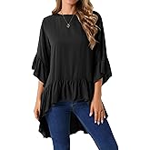Seta T Women's High Low Tops Bell 3/4 Sleeve Crewneck Casual Ruffle Asymmetrical Hem Loose Fit Blouse