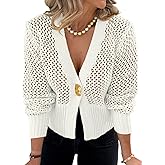 Cicy Bell Womens Cropped Crochet Cardigans Hollow Out Button Down Lantern Sleeve Knit Sweaters Casual Mesh Loose Fit Cover Up