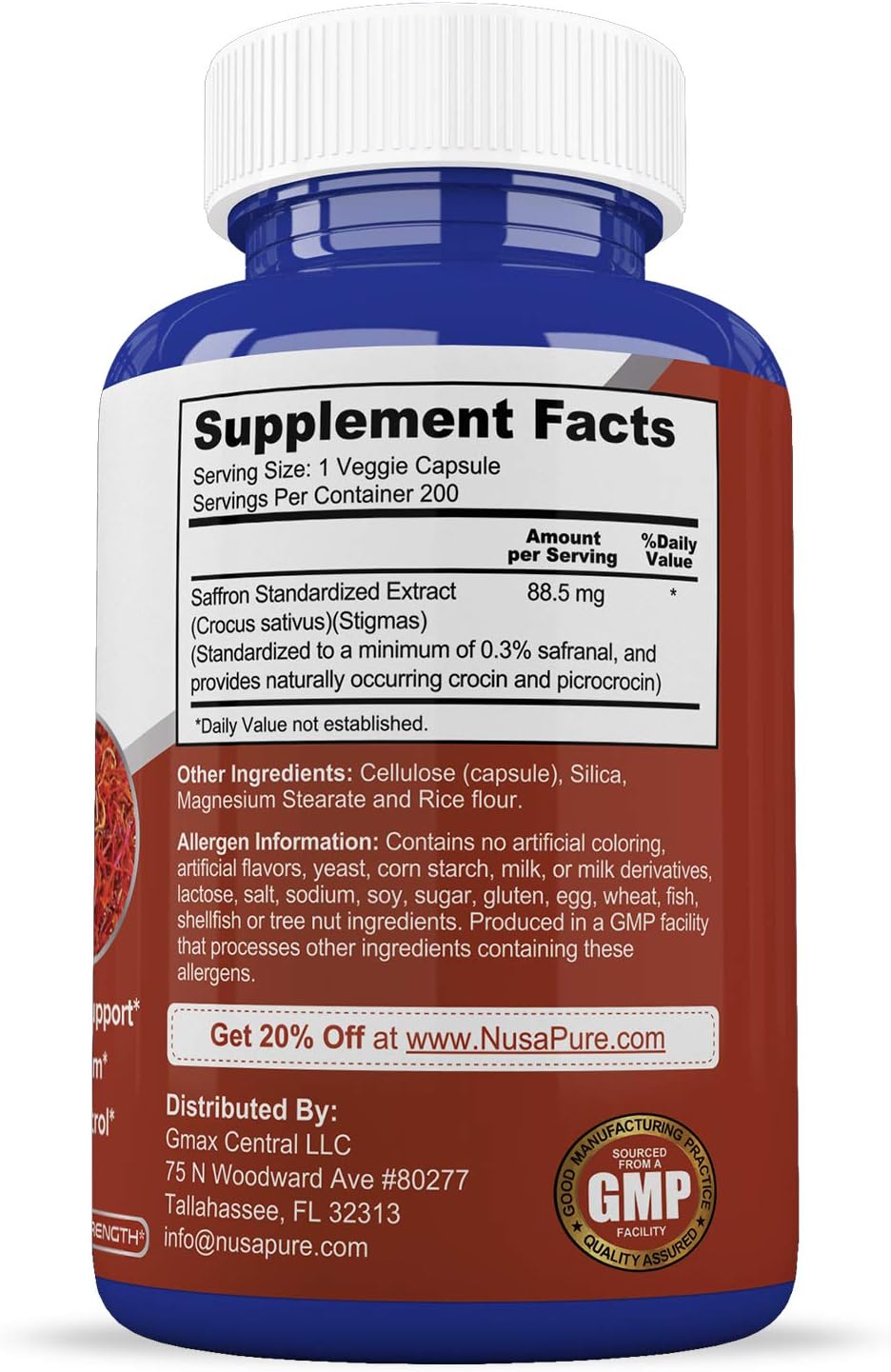 Pure Saffron Extract 88.50mg 200 Veggie Caps (Vegetarian, NonGMO