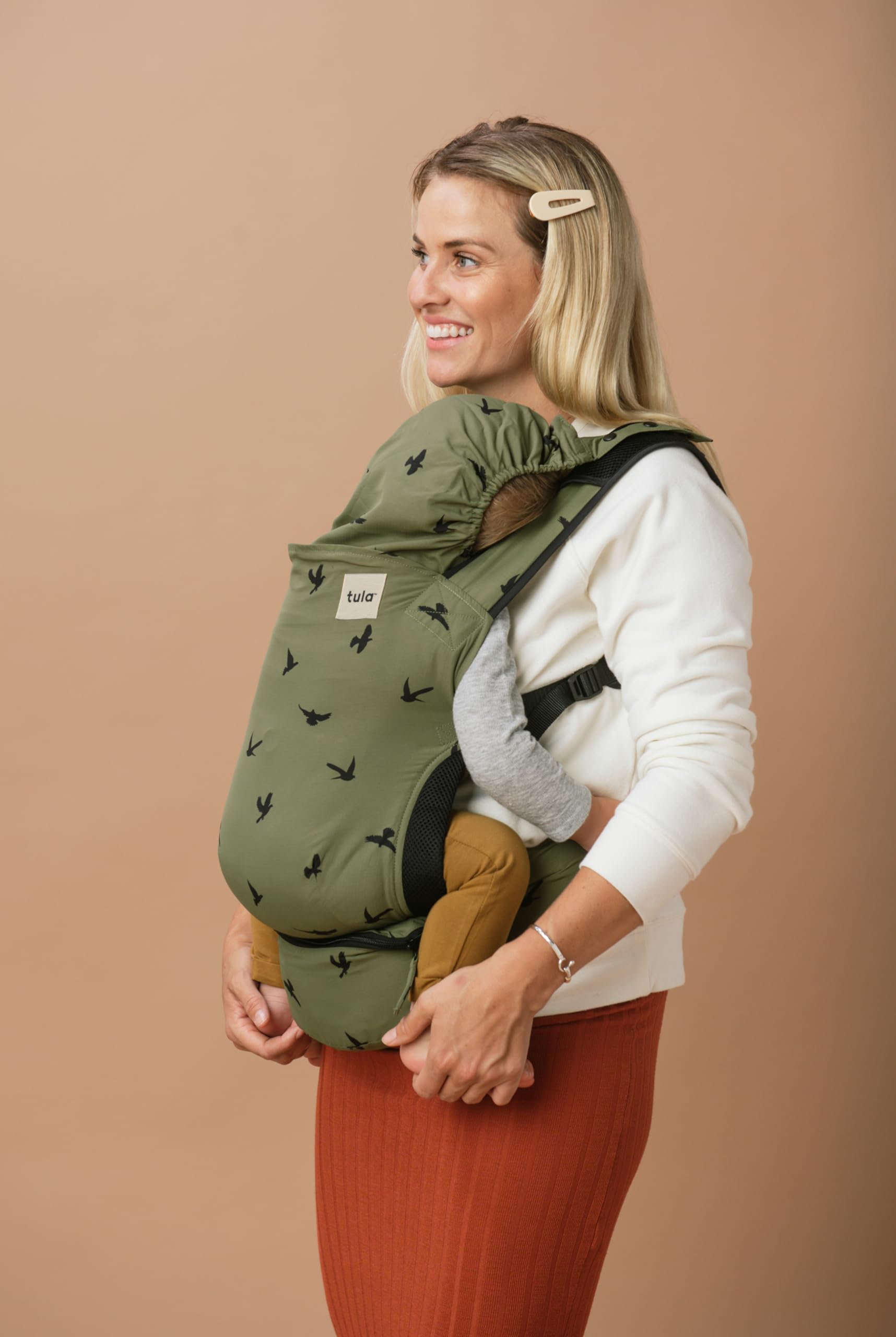 Baby Tula Lite Ripstop Nylon Compact Baby Carrier, Lightweight & Ergonomic Carrier for Travel w/Convenient Storage Hip Pouch, Multiple Carrying Positions for 12lbs to 30lbs - Soar (Olive Green/Birds)