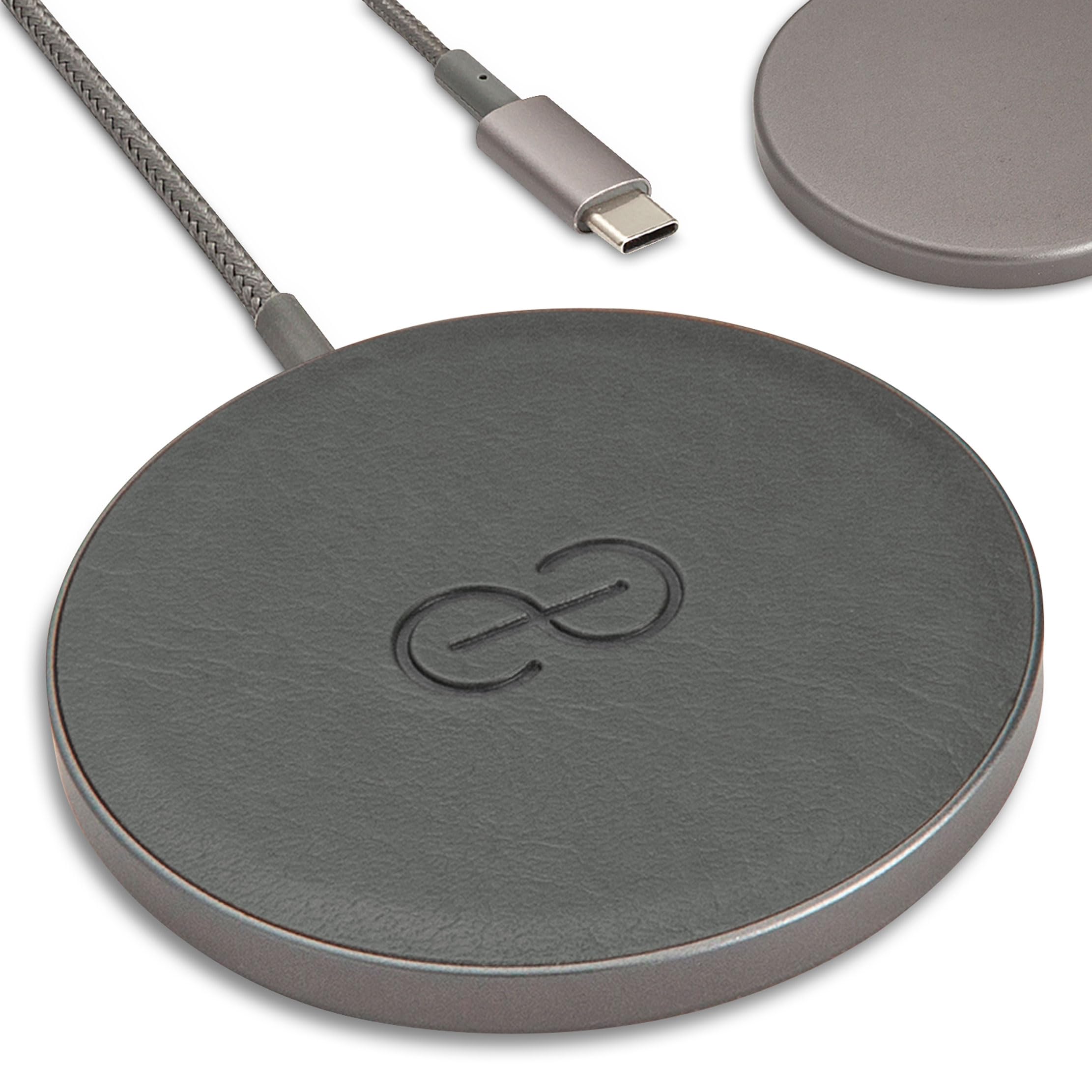 Dreem Empower Magnetic Wireless Charger Pad – Compatible with MagSafe for iPhone 17/16/15/14/13/12 & Qi-Certified Devices – Premium Vegan Leather [Grey]