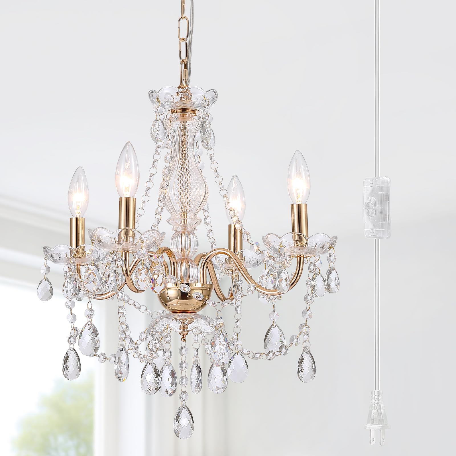 Photo 1 of AMZASA Plug in Crystal Chandelier,French Country Gold Crystals Chandelier Pendant Lighting, 5 Light Glass Crystal Light for Living Room, Wedding, Island, Bedroom, Hallway,Foyer,Electroplating