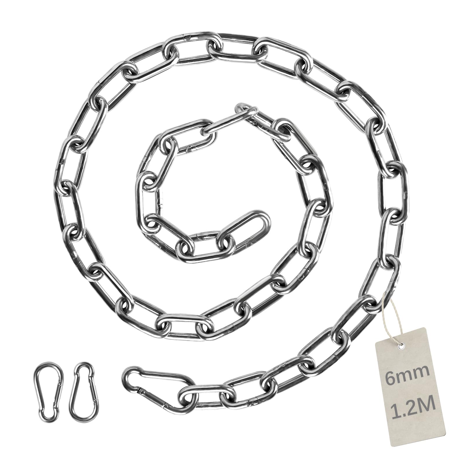 EXLECO 1.2 m Stainless Steel Chain Diameter 6 mm Steel Chain Link Chain Barrier Chain Decorative Chain with 2 Carabiner Hooks Metal Chain for Hanging Dog Chain Anchor Chain Round Link Chain Long Links