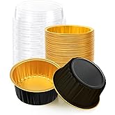Fodofodo 25PCS Round Mini Loaf Pans with Lids,Mini Cake Pans with Lids,Disposable Ramekins Baking Cups Muffin Tins Cupcake Cups for Wedding Birthday Party,5oz(Black Gold)