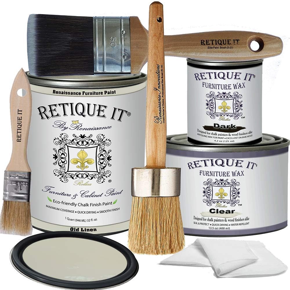 Retique It Chalk Furniture Paint by Renaissance Deluxe Starter Kit, Wax, 22 Old Linen, 32 Ounces