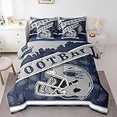 Erosebridal Classic Football City Helmet Comforter Set with Sheets, Gridiron Theme Bedding Navy and Grey Sports City Silhouette Illustration Bed Set Queen Size for Rugby Sports Fans Gift