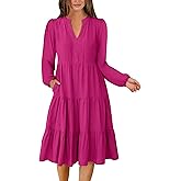 KLWCJFFF Womens V Neck Long Sleeve Midi Dress 2024 Fall Fashion Casual Loose Fit Flowy Swing Tiered Beach Vacation Dresses