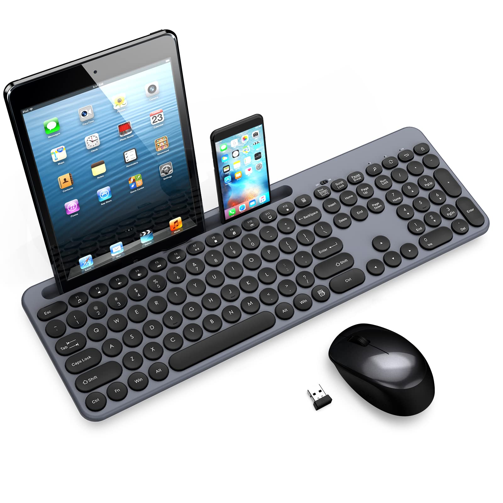 Photo 1 of LeadsaiL Wireless Keyboard and Mouse Combo, Full-Sized Ergonomic Computer Keyboard with Phone Tablet Holder, 2.4GHz Silent Cordless Keyboard Mouse Set for Windows Laptop, PC, Desktop - Grey