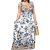 Women Summer Dresses Sleeveless Deep V Neck Backless Floral Print Beach Vacation Cocktail Long Maxi Dresses