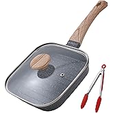 Foorey Home Grill Pan with Lid Non Stick Griddle Pan for Stove Top Indoor Cooking Steak Pan Square Aluminum Skillet Grilling Induction Compatible with Tong Gray 7.48 inches