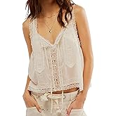 Naileksi Women Sleeveless Ruffled Lace Trim Chiffon Crop Top Scoop Neck Flowy Button Down Front Tie Mesh Crop Tank Top