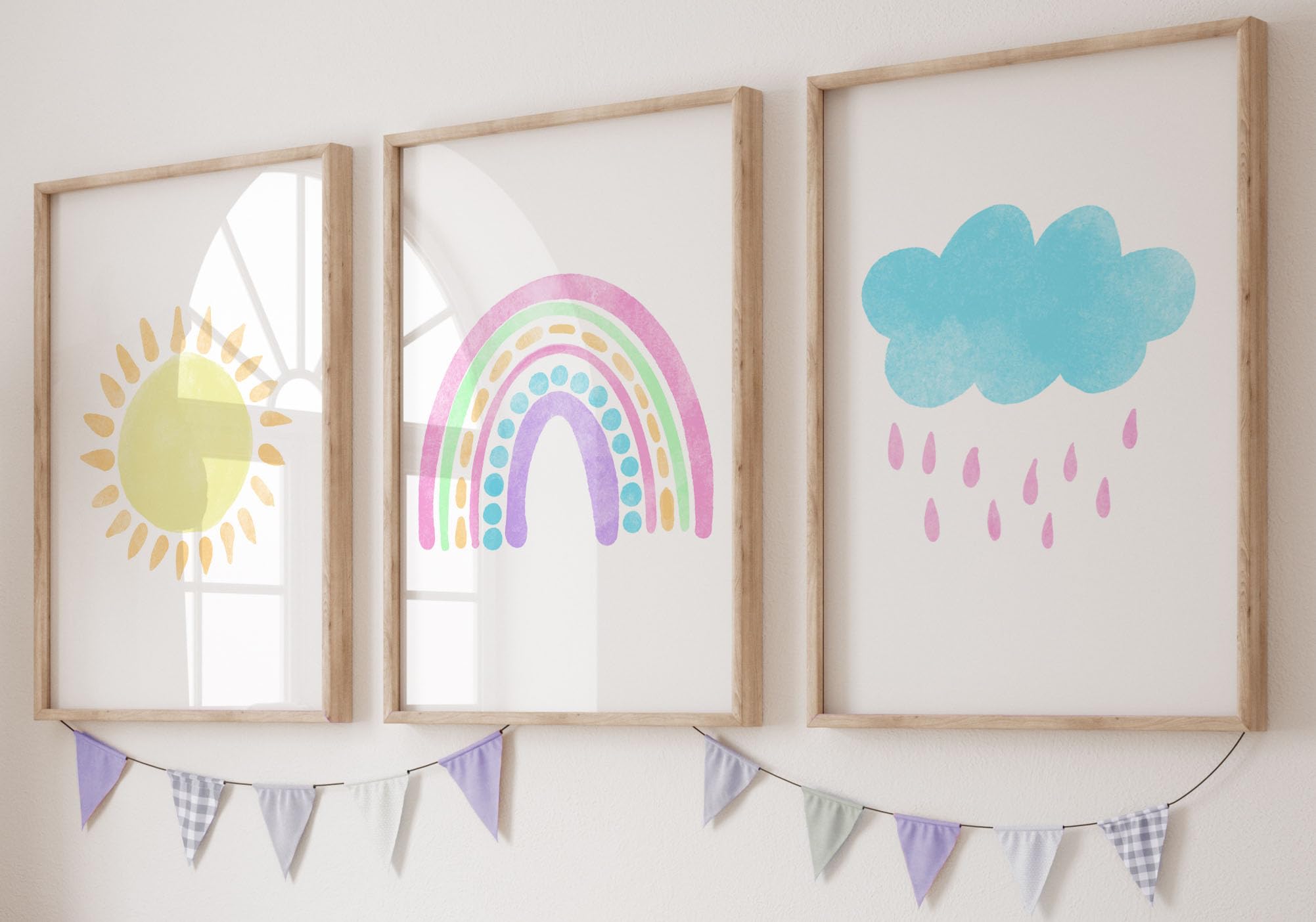 Rainbow Sunshine Cloud Set of 3 Unframed Poster Prints for Girls Bedroom Nursery Playroom, Theme Room Decor, Neon Wall Art, Boho Poster (A3)