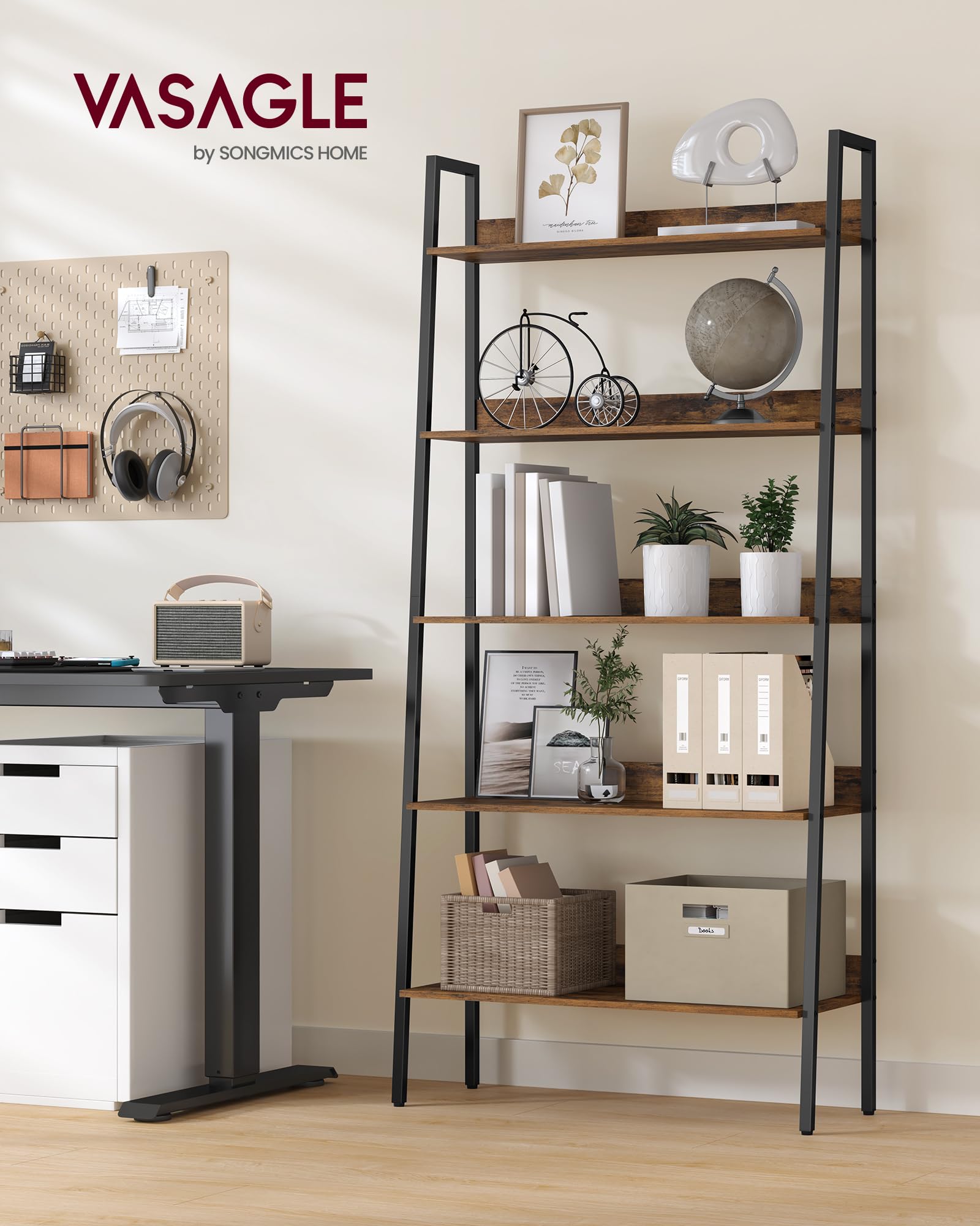 VASAGLE Bookshelf, 5-Tier Bookcase, 11.8 x 31.5 x 66.9 Inches, Ladder Shelf for Home Office, Living Room, Bedroom, Kitchen, Rustic Brown and Ink Black ULLS129B01