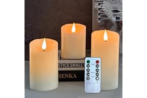 LEDHOLYT Flameless Candle, Flashing LED Pillar Real Wax Candle with Remote Control and Timer, Upgraded Teardrop Wick, Built-in Battery Rechargeable Electronic Candle, 1 Set of 3