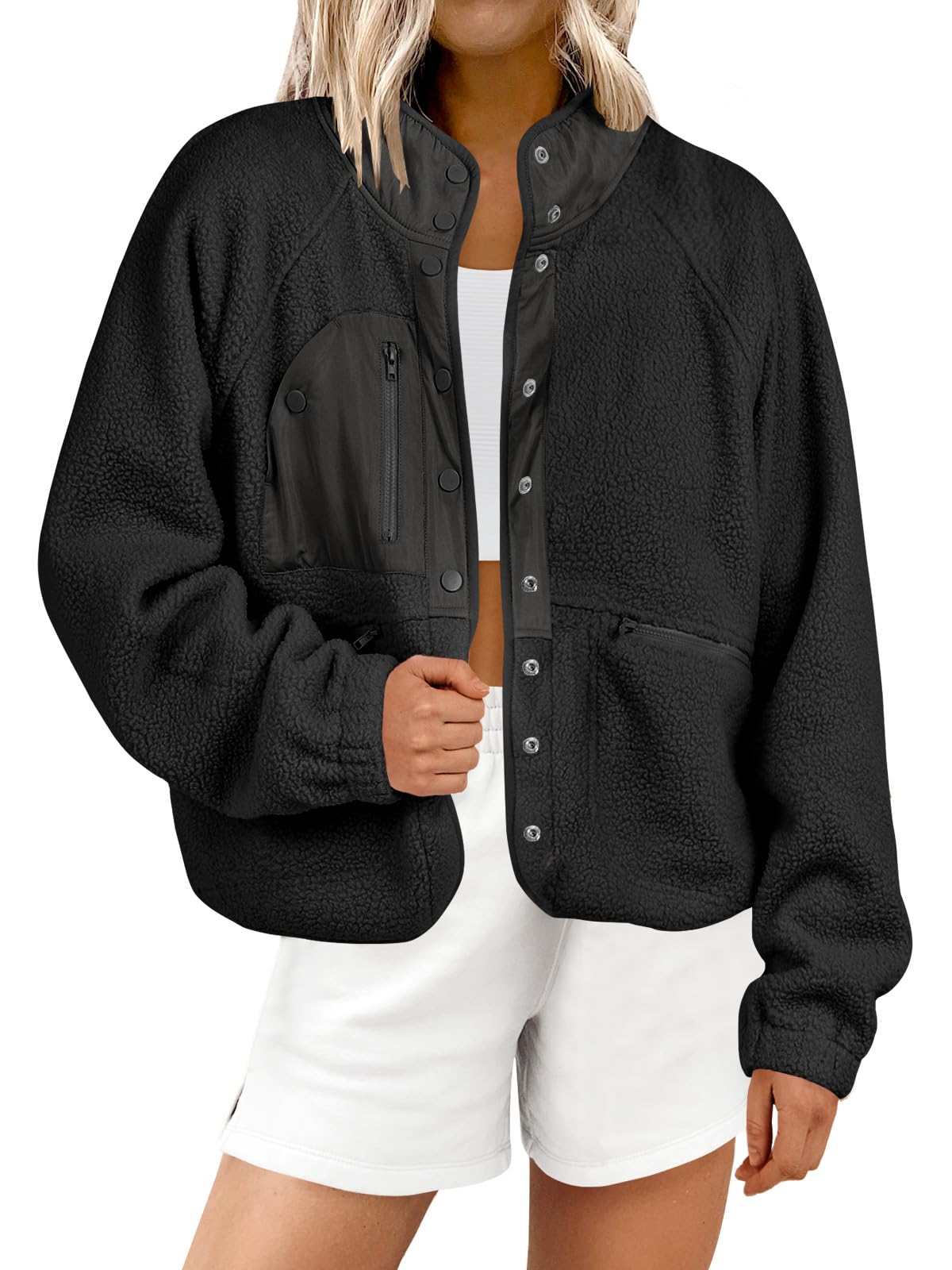 Photo 1 of ANRABESS Womens Fuzzy Fleece Jacket Fall Casual Long Sleeve Cropped Sherpa Button Down Shacket Coats Outwear With Pockets Black Small