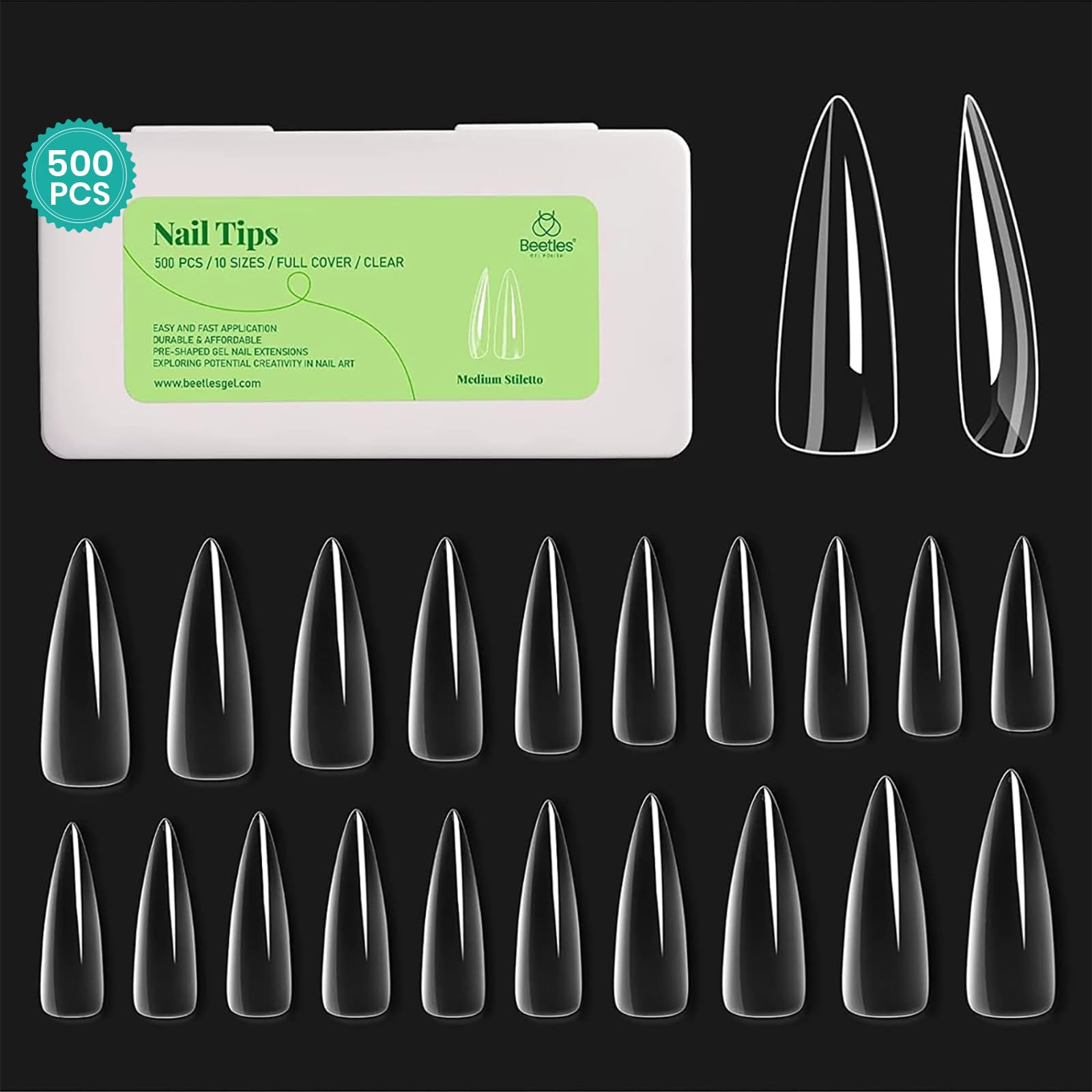 Beetles Stiletto Nail Tips-500Pcs Medium Clear Stiletto Nail Tips, Pre Shaped Clear Full Cover False Nails for Gel Polish Art Soak Off Lamp Easy Nail Extensions Acrylic False Nail Tips
