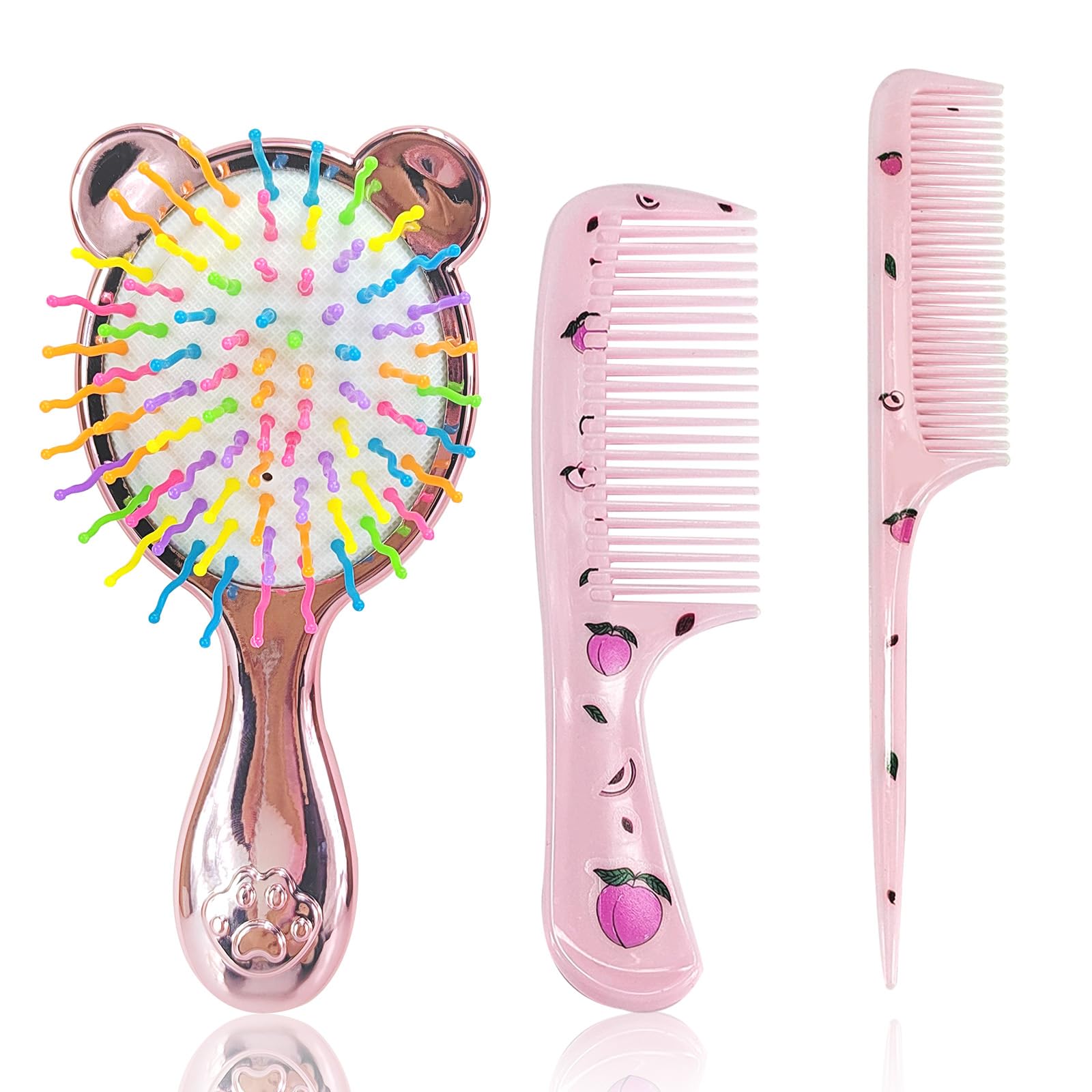 Toddler Hair Brush and Comb Set, 3 Pcs Detangler for Girls, Mini Pocket Airbag Brush, Cute Kids Massage Comb for Wet Dry Hair (Pink)