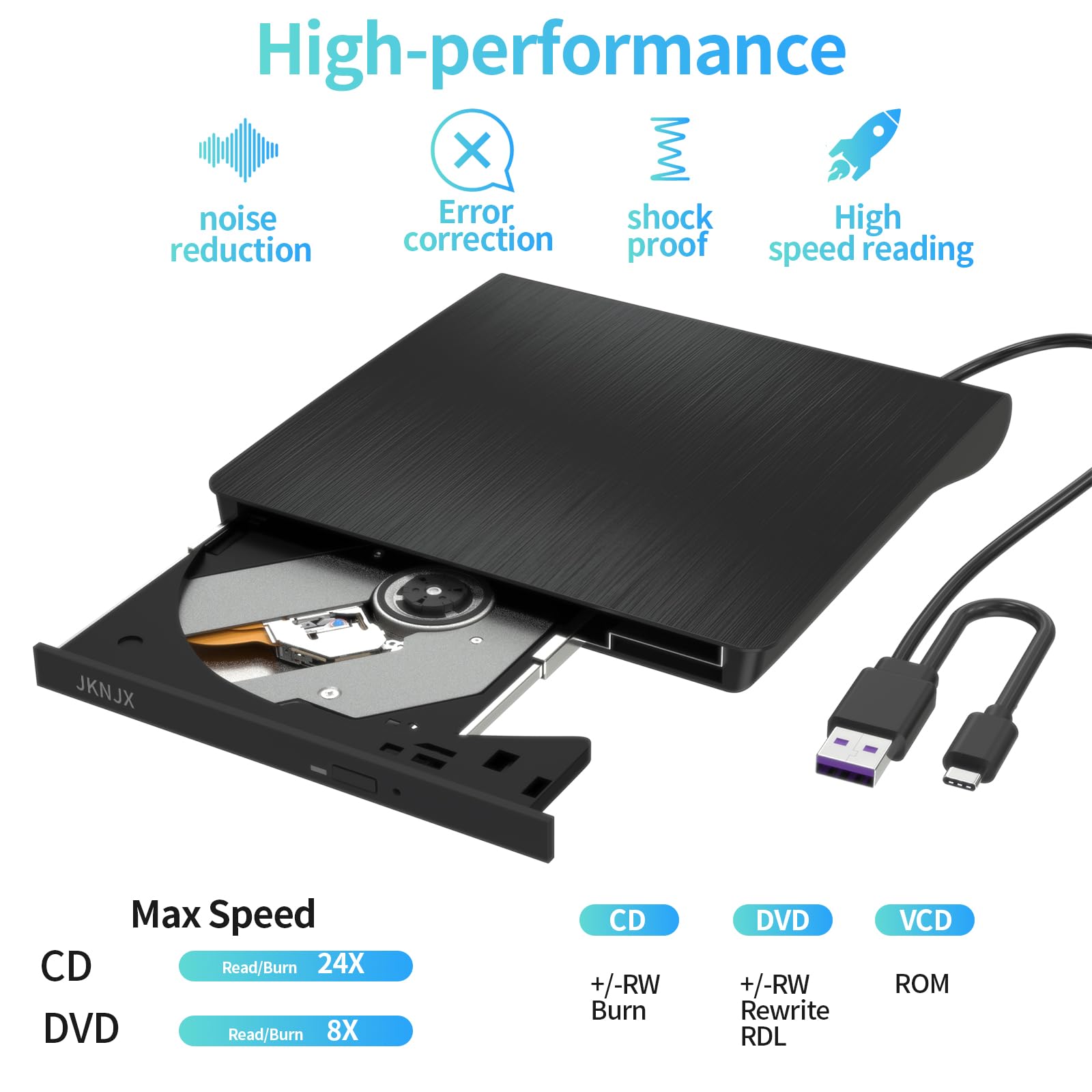 JKNJX External DVD Drive,USB 3.0 and Type-C CD DVD Disc Reader Writer Burner Player,Slim and Portable CD DVD +/-RW Optical Drive for PC Laptop Desktop MacBook Mac Windows 7/8.1/10/11 Linux OS Apple