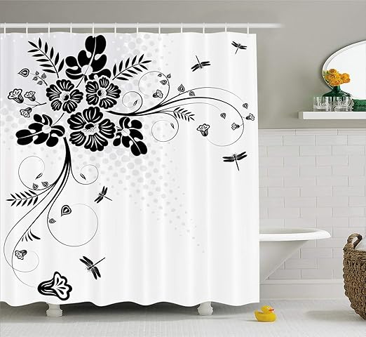 Amazon Com Ambesonne Dragonfly Shower Curtain Floral Ornament With Fern Plants Leaves Nature Themed Stylized Illustration Fabric Bathroom Decor Set With Hooks 105 Inches Extra Wide Black White Home Kitchen