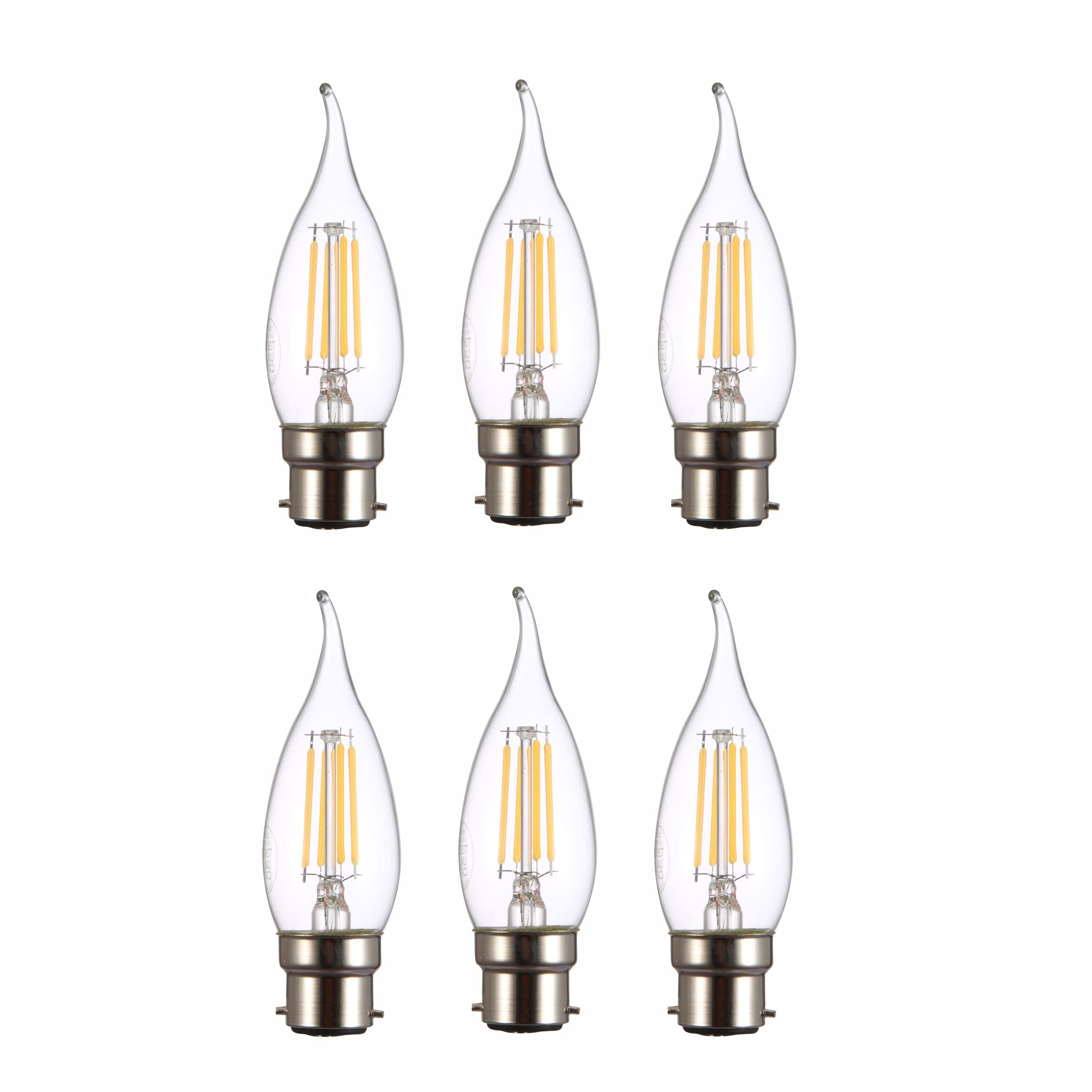 TEKLED® C35 Tail Filament Vintage LED Bulbs | Flame Tip B22 Bayonet Cap | Energy Saving 4W Light Bulb 40W Equivalent | NONDIMMABLE Clear 2700K 470LM | 6-Pack | Warm White