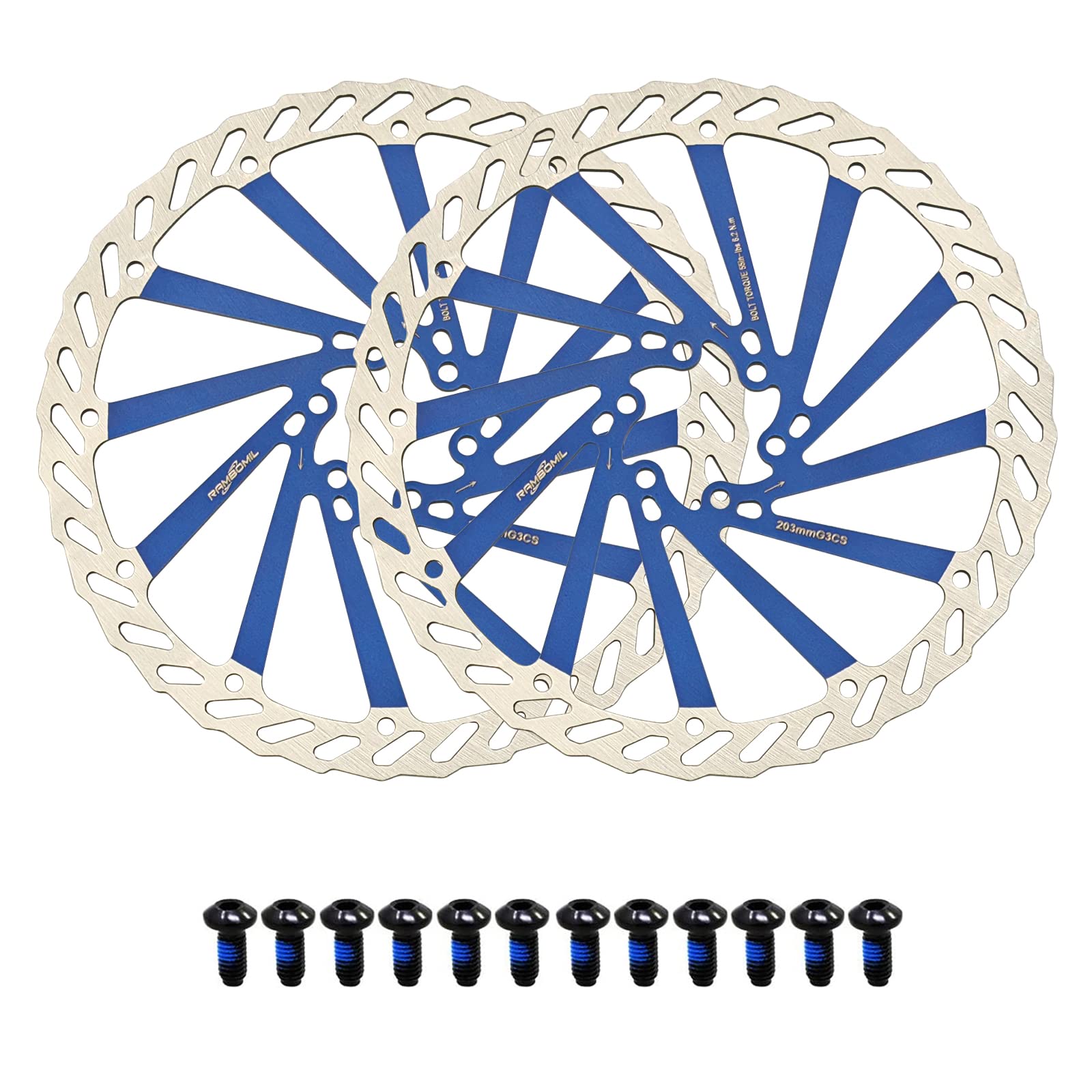 Jane Eyre 203 mm Bicycle Brake Disc 2 Pieces Disc Brake Bicycle Rotor with 12 Screws Suitable for Most Bicycles, Road Bikes, Mountain Bikes, BMX MTB (Blue 203 mm)