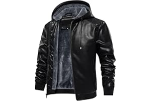 Uusollecy Men's Leather Jacket, Sherpa Lined Zip-Up Motorcycle Jacket, Bomber Jacket With Hood