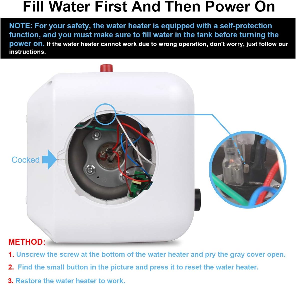 Electric Hot Water Heater 110-120V Compact Mini-Tank Storage, Small Output 2.5-3.0 Gallon, 1.5KW Kitchen Instant Under Sink Point-of-Use, 2 PCs 16” Long 1/2”FIP Stainless Steel Water Hoses, GFCI Plug - - 