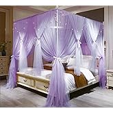 VETHIN 4 Corners Post Princess Bed Canopy Curtain Double Layer Cozy Drape Netting 4 Opening Mosquito Net for Girls &amp; Adults Bedroom Decoration Accessories (Double Purple,59" W*82" L*82"*H/(Queen))