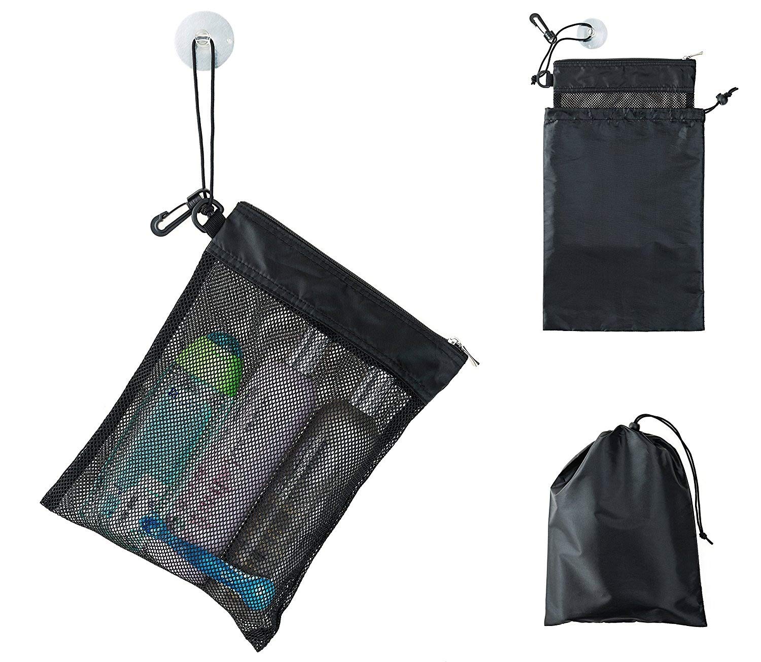 Photo 1 of Shower Bag Tote, Mesh Caddy Toiletry Organizer 12”L x 9”W, Compact and Lightweight With Suction Cup, Cord for Hanging, Zipper and Drawstring Pouch 14”L x 10”W, Black