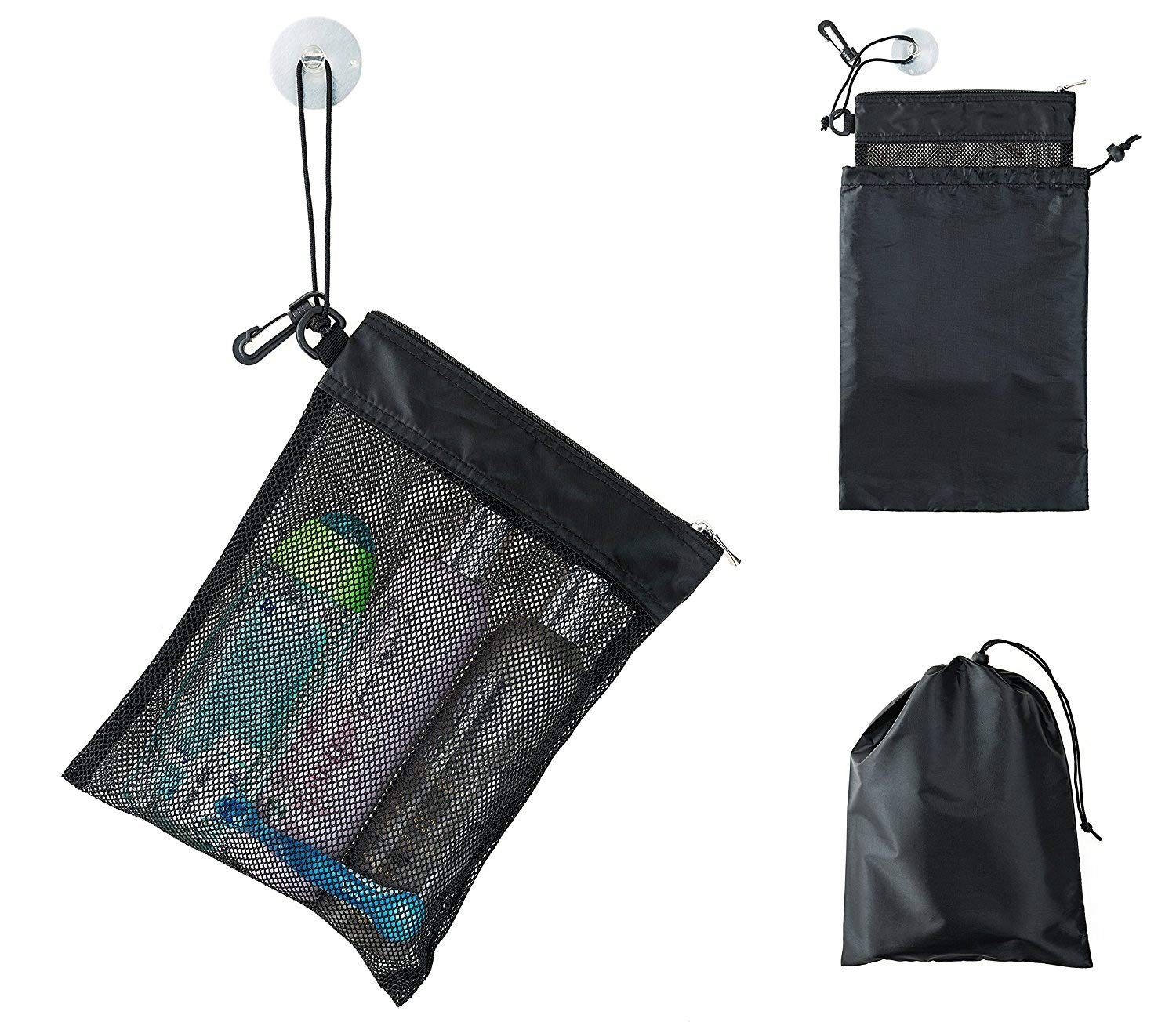 Shower Bag Tote, Mesh Caddy Toiletry Organizer 12”L x 9”W, Compact and Lightweight With Suction Cup, Cord for Hanging, Zipper and Drawstring Pouch (14”L x 10”W, Black)