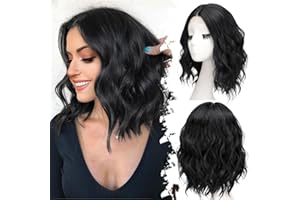 Eawwii Black Short Wavy Wig for Women Lace Hairline Bob Style Synthetic Heat Resistant - Natural Appearance for Everyday Hairstyle 14 Inch