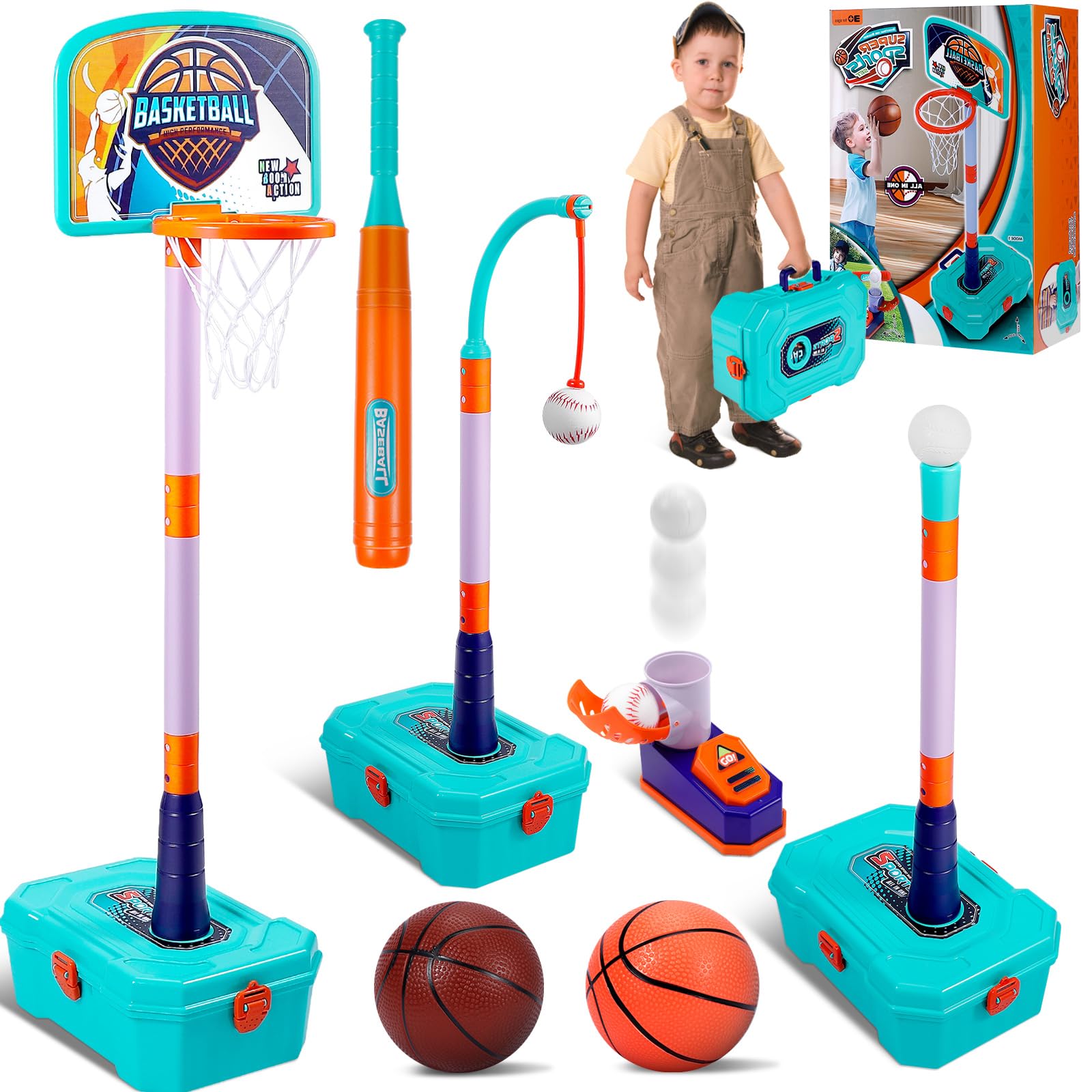 Photo 1 of 4 in 1 Toddler Basketball Hoop and T Ball Set - Adjustable Kids Basketball Goal Baseball Tee with Pitching Machine - Christmas Birthday Indoor Outdoor Sport Toy Games Gifts for Boys Girls Age 3-5