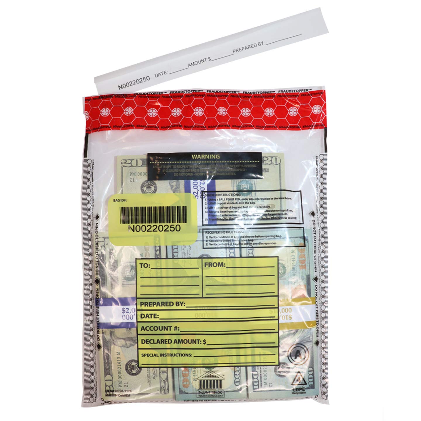 Photo 1 of Nadex 9 x 12 Inch Tamper Evident Bank Deposit Bags with FRAUDSTOPPER - 4 Tamper Indicator Security, 100 Pack (Clear)