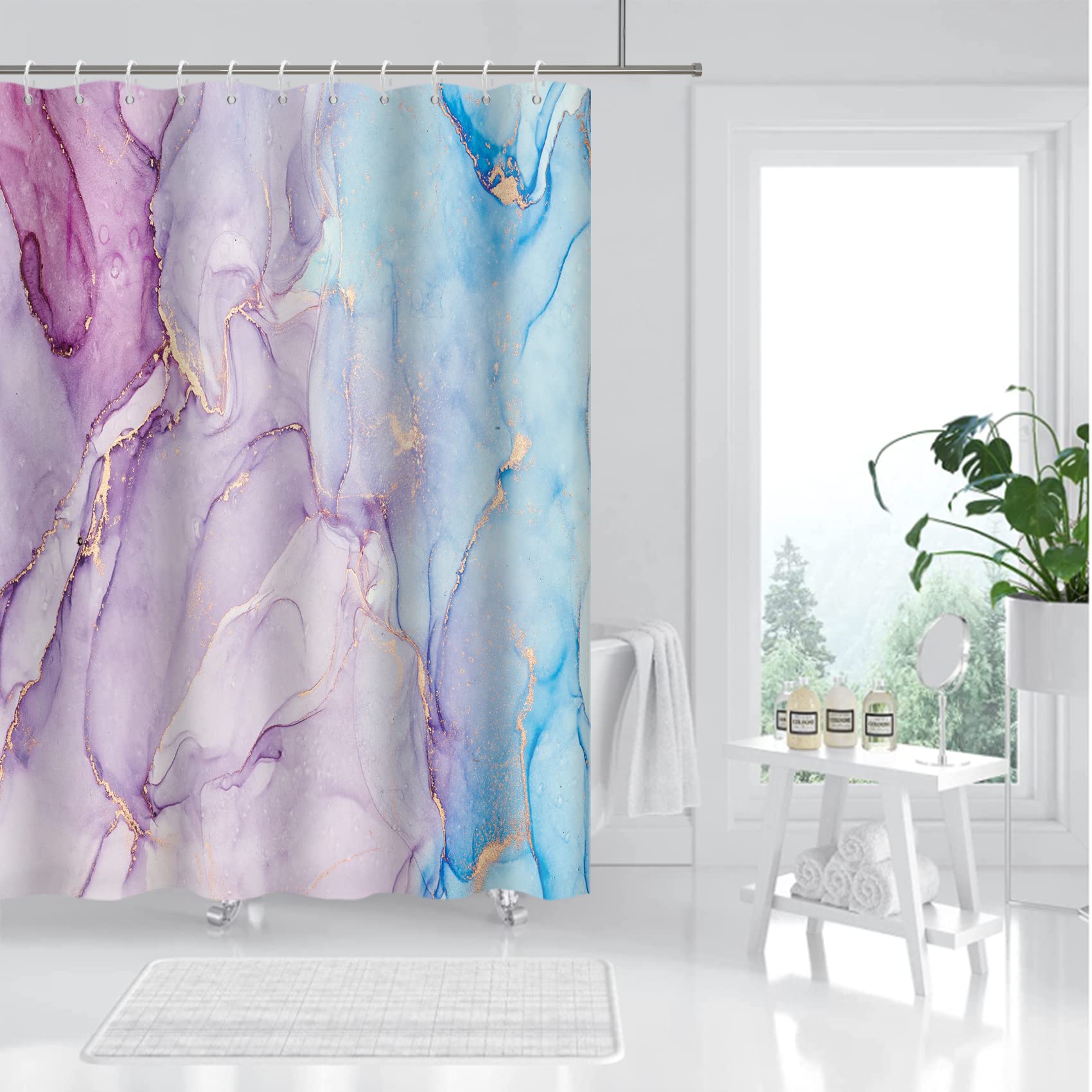 MIRRORANG Shower Curtain with 12 Hooks,Fabric Blue and Purple Marble Shower Curtain for Bathroom,100% Polyester(180 x 180 cm) — image 1