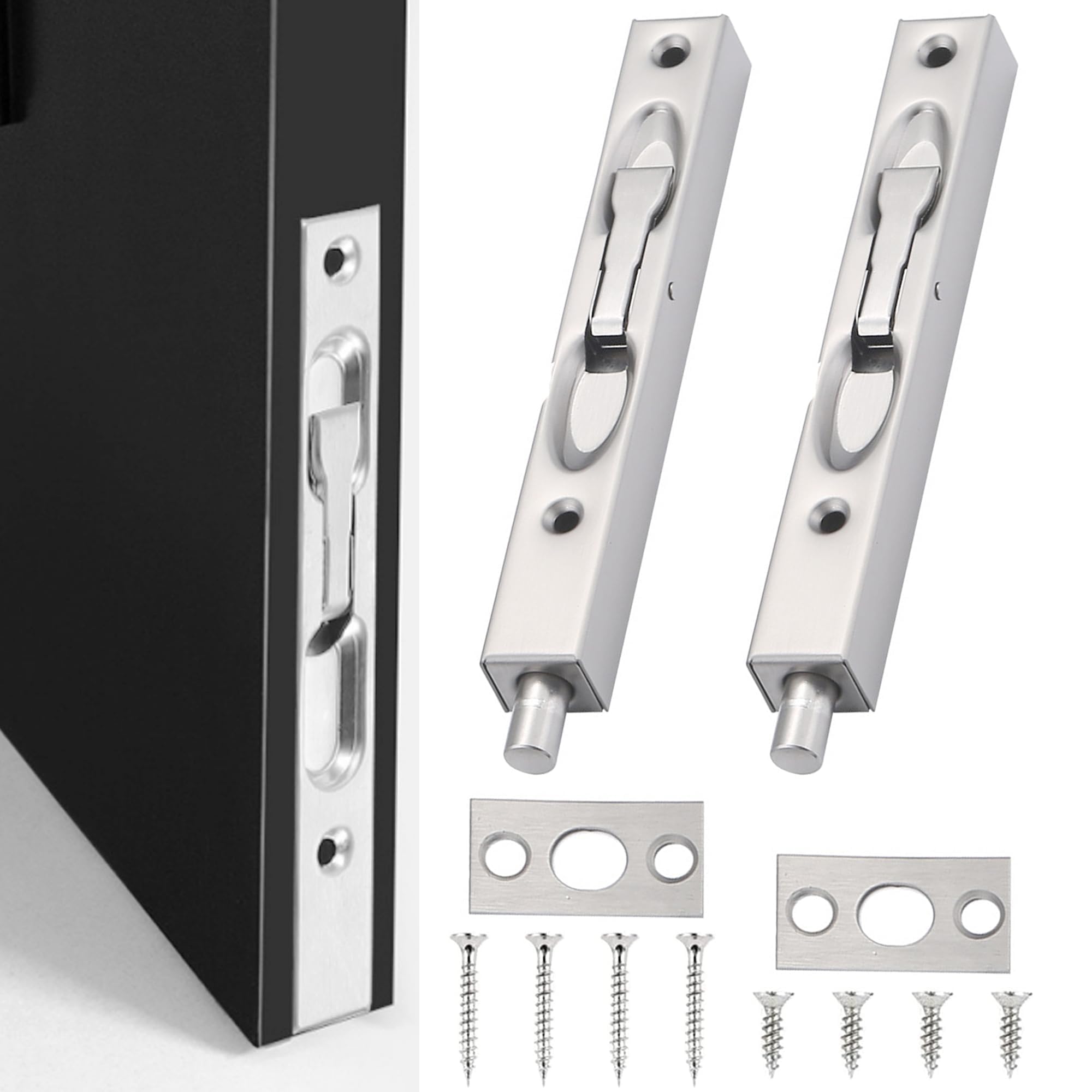 Xiciki 2 Packs Door Flush Bolt Lock Flush Bolt Latch Lock Concealed Door Security Bolts Polished Chrome Slide Door Lock 6 Inches with Screws for Bedroom, Bathroom, Cupboard for Wooden French Doors