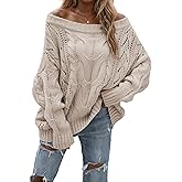 LAJIOJIO Womens Sexy Off The Shoulder Sweaters Oversized Knit Long Sleeve Crochet Pullover Sweater Top