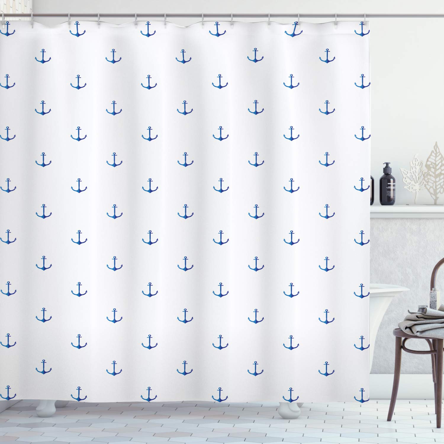 ABAKUHAUS Anchor Shower Curtain, Classical Vivid Blue Anchors Simplistic Design Marine Hobby Lifestyle Themed, Cloth Fabric Bathroom Decor Set with Hooks, 94 Inches, Blue White — image 1