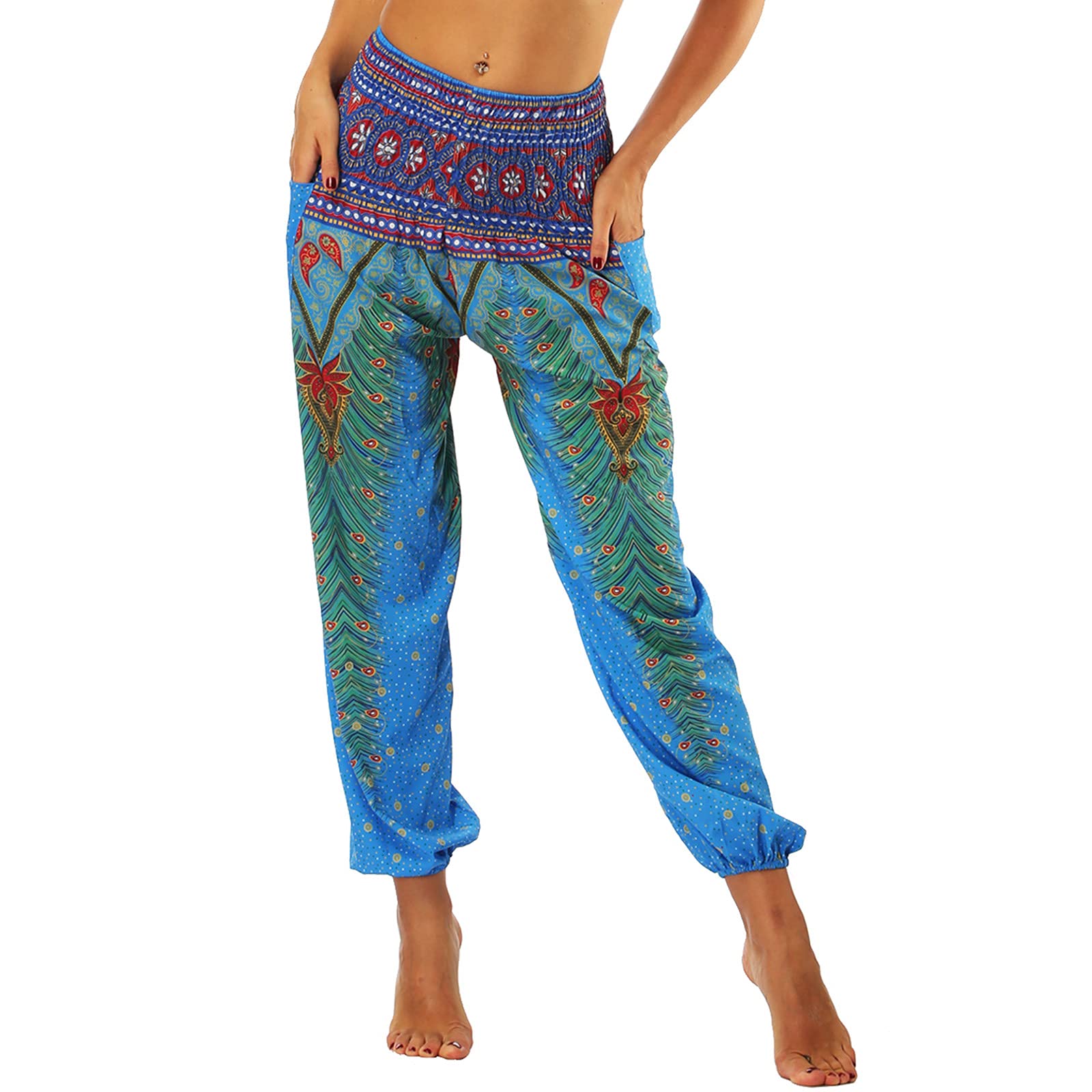 Nuofengkudu Baggy Aladdin Hippie Pants for Women Boho Patterned Smocked Waist High Waist Blue Peacock Print Cool Harem Pyjama Trousers Summer Clothes Yoga Beach Holiday(Size: One Size)