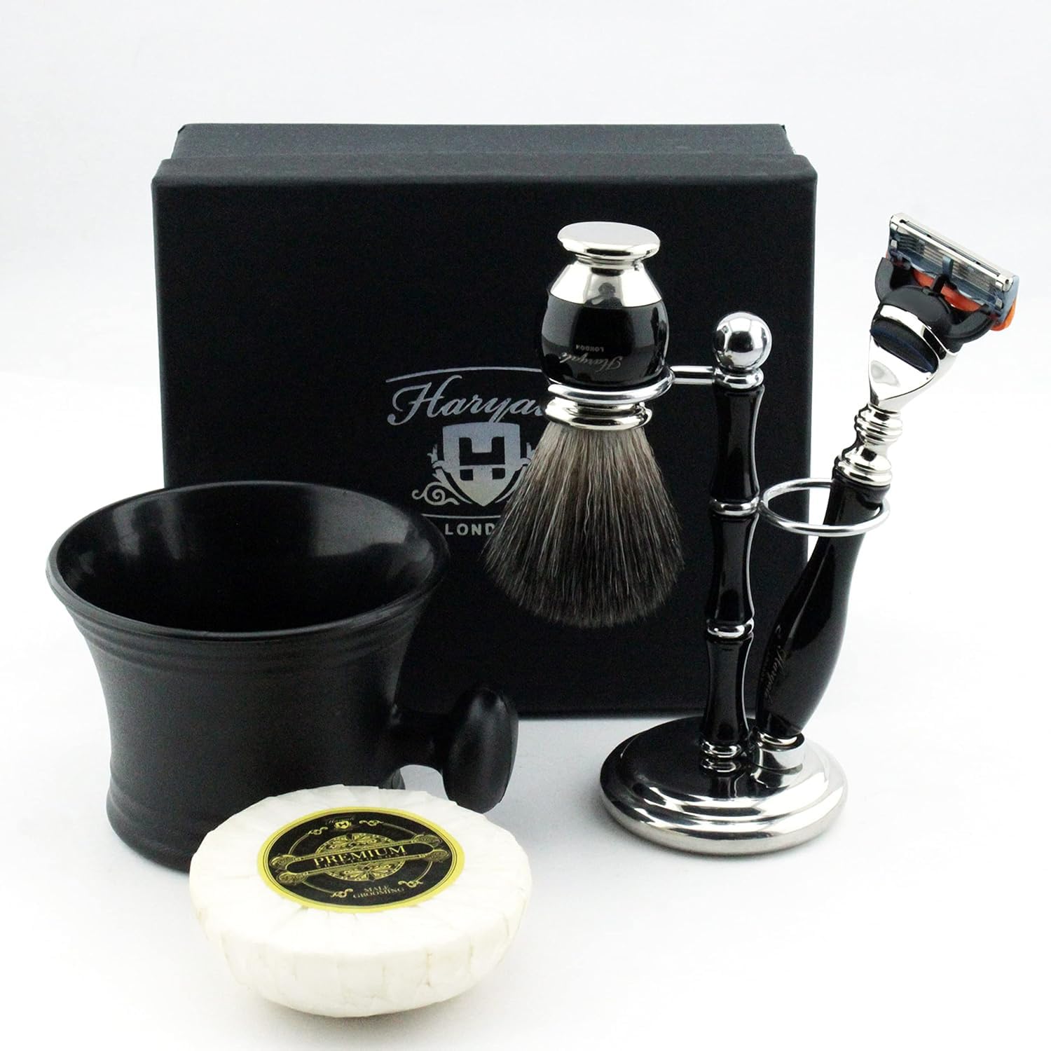 Haryali London Shaving Kit - 5pc Shaving Brush Set - Black - Badger Shaving Brush - 5 Edge Shaving Blade Shaving Razor - Shaving Soap - Vintage Shaving Mug - Shaving Stand - Complete Shaving Set