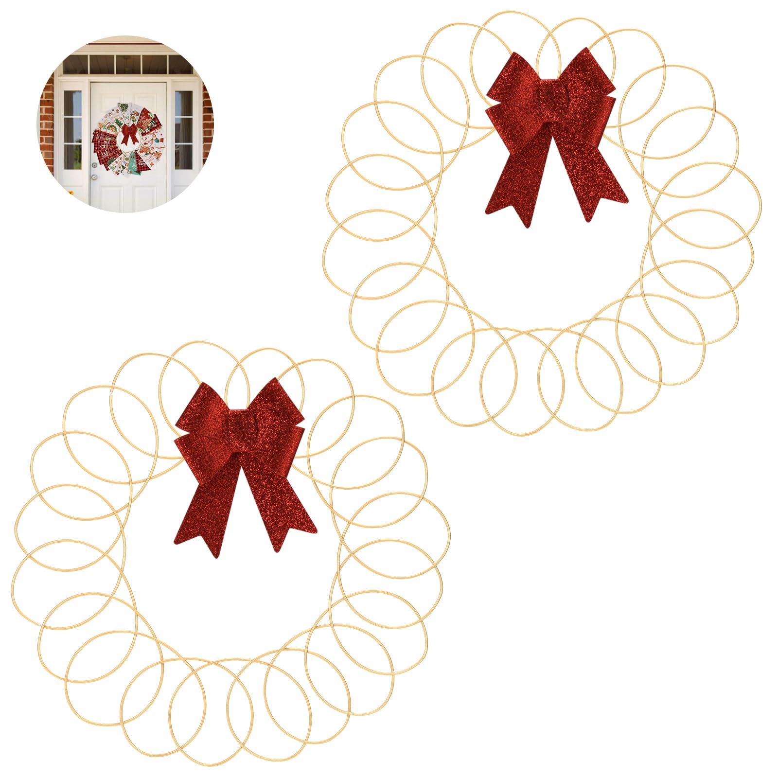 Photo 1 of 2-Pack 13 Inch Metal Christmas Card Holder, Xmas Spiral Metal Wreath with Red Bow for Door & Wall Display, Wall Mount Wire Loop Hanger Photo Greeting Card for Table, Home, DIY Craft