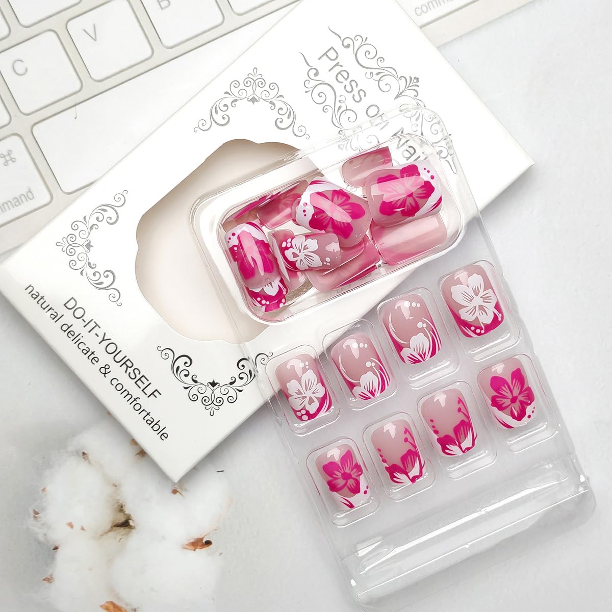 24Pcs Pink Flower Press on Nails Short Square Fake Nail Pink White French Tip Full Cover Glue on Nails Spring Summer White Flower False Nails Glossy Acrylic Nails for Women Girls Manicure Decoration - Image 4