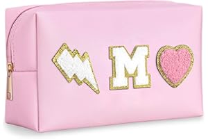 TOPEAST Preppy Makeup Bag, Personalized with Initial Letter, PU Leather Outside, Polyester Lining, Gold Zipper, Large Capacity, 8.3x5.1x3.5 Inch, Perfect for Travel, Daily Use