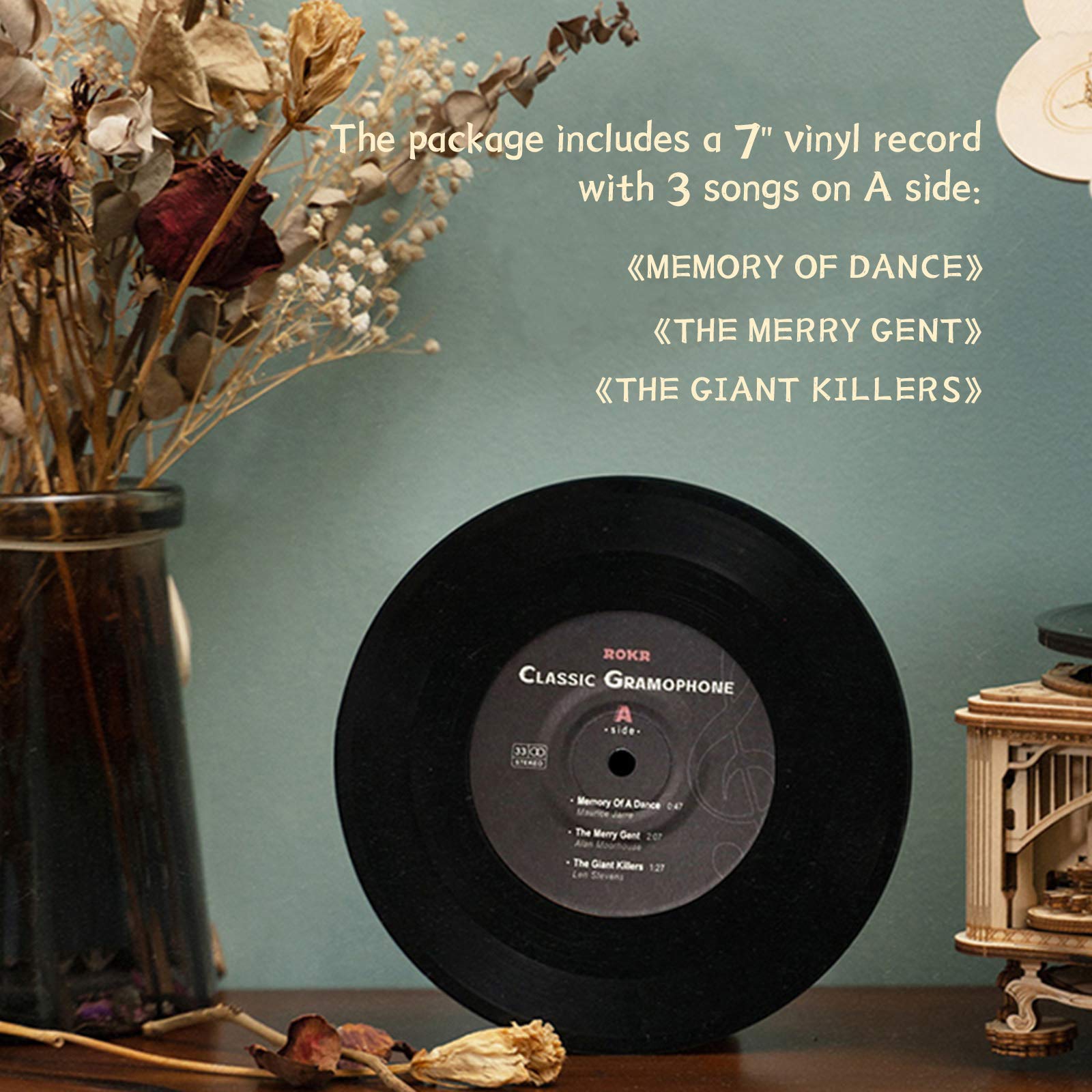 ROKR 3D Wooden Puzzles Gramophone for Adults - DIY Mechanical Model Kit 1:1 Replica Record Player Support 7